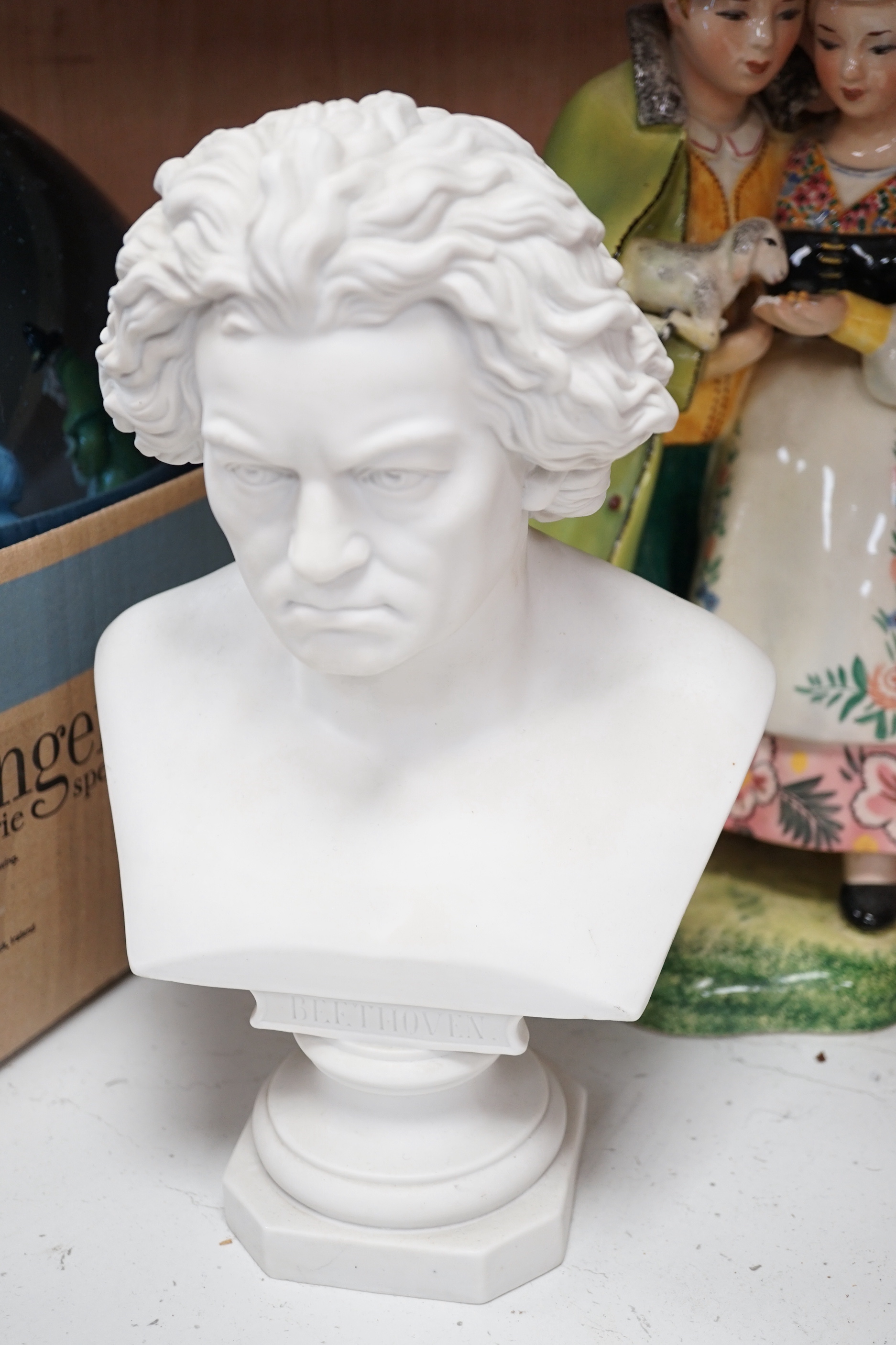 Eight porcelain figures including a pair of German style figures, a large Figo group, feeding a lamb, two Chinese figures, a bust of Beethoven, etc. largest 37cm